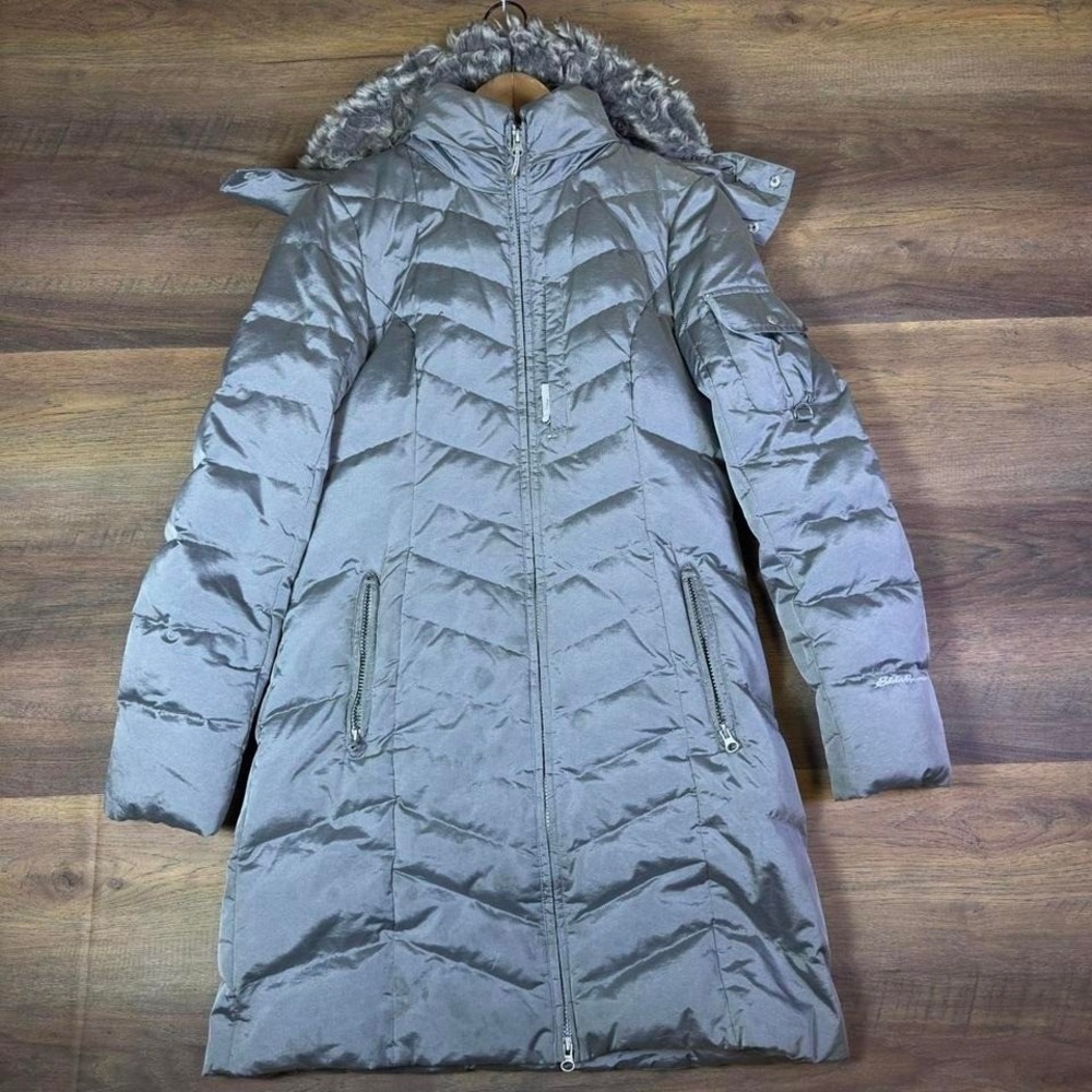 Eddie Bauer Women's Long Goose Down Puffer Parka Coat Faux Fur Hood Gray